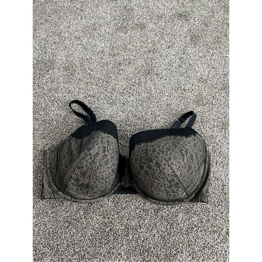 Cacique Bra Womens 44F Black Beige Lace Balconette Underwire